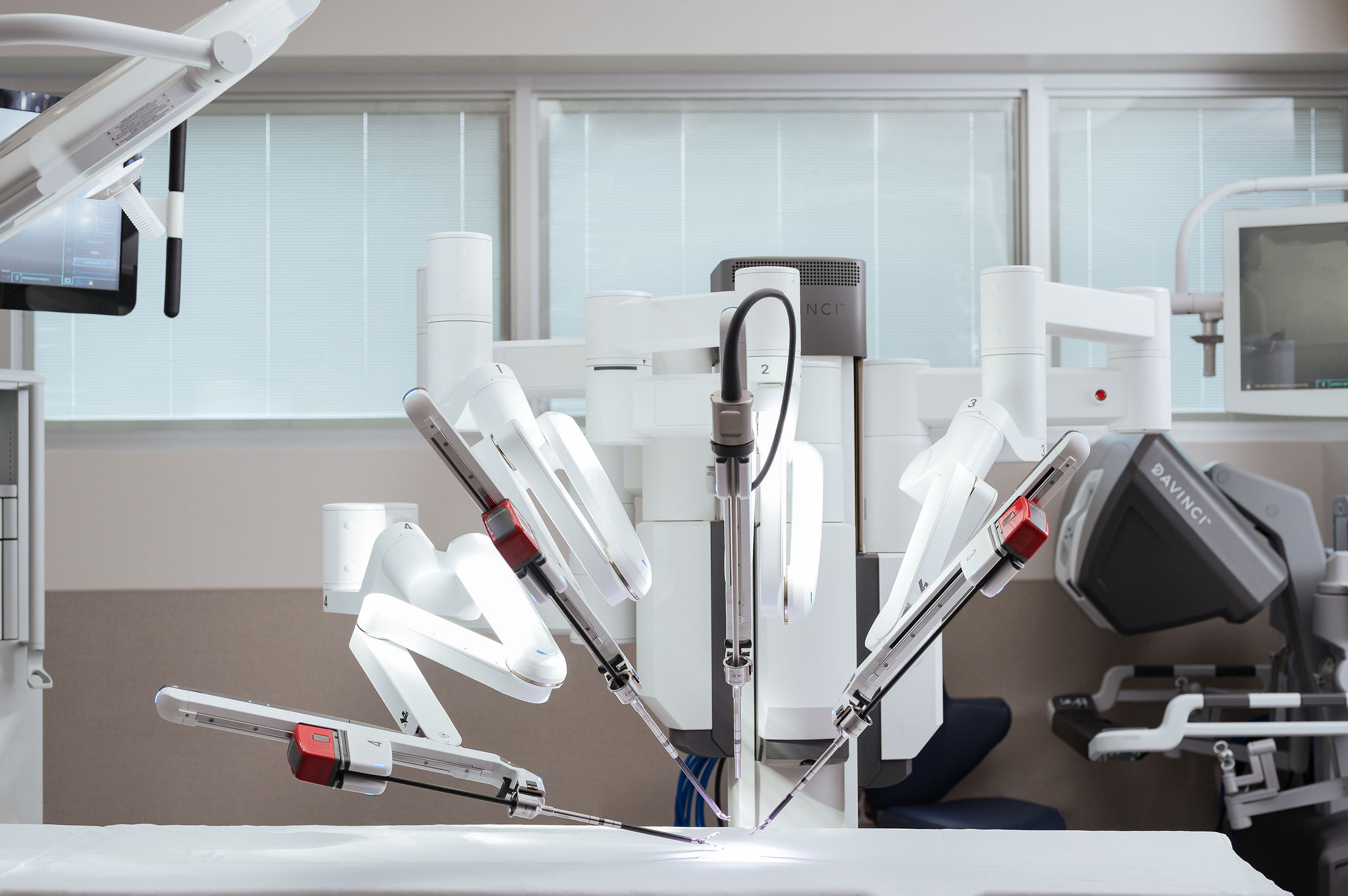 The DAVINCI surgical robot. This surgical robot has four arms equipped with laparoscopic surgical arms that surgeons use to perform minimally invasive surgeries on patients at the TN Surgery Center.